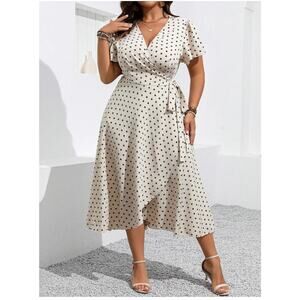 SHEIN Polka Dot Flutter Sleeve Faux Wrap Midi Dress - Cream/Black